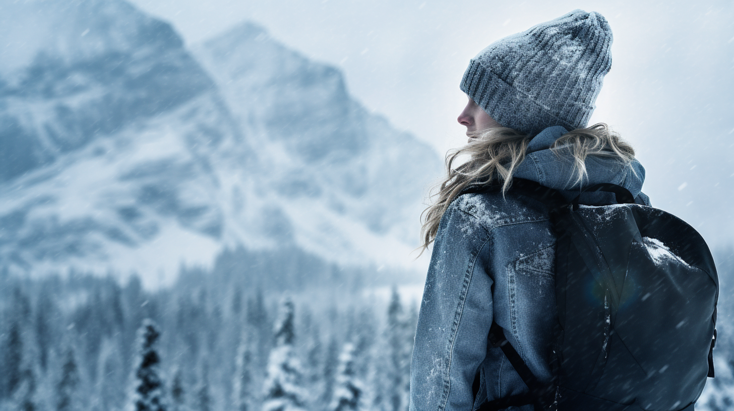 girl hiking in snowy mountains