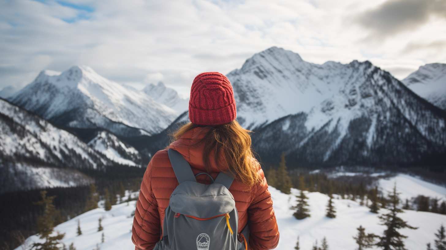 girl hiking in snowy mountains